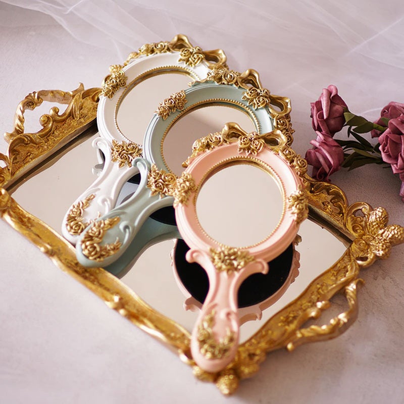 Nerien Handheld Mirror Vanity Makeup Mirror Travel Princess Metal Cosmetic Mirror Portable Oval Embossed Rose Mirrors Decorative Desk Girl Student Vintage Beautiful Handle Mirrors Pink-3 - Image 5